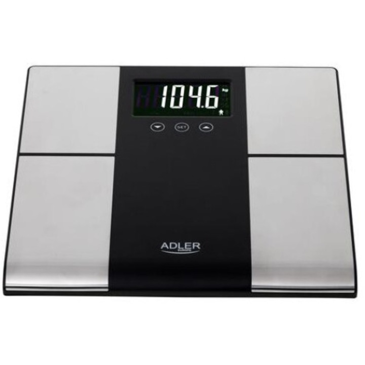 Кантар Adler AD 8165, До 225 кг, Памет за до 10 потребителя, LCD дисплей, 3 x AAA, Инокс/Черен