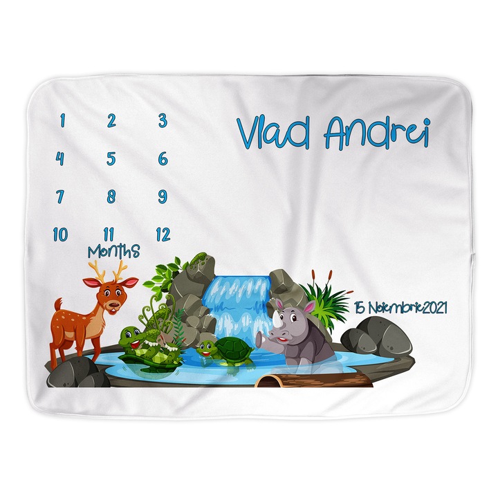 Paturica aniversara Milestone, personalizata cu Nume Baiat, 150cm x 100cm, fleece, Model Animalute, pentru gravide si nou nascuti