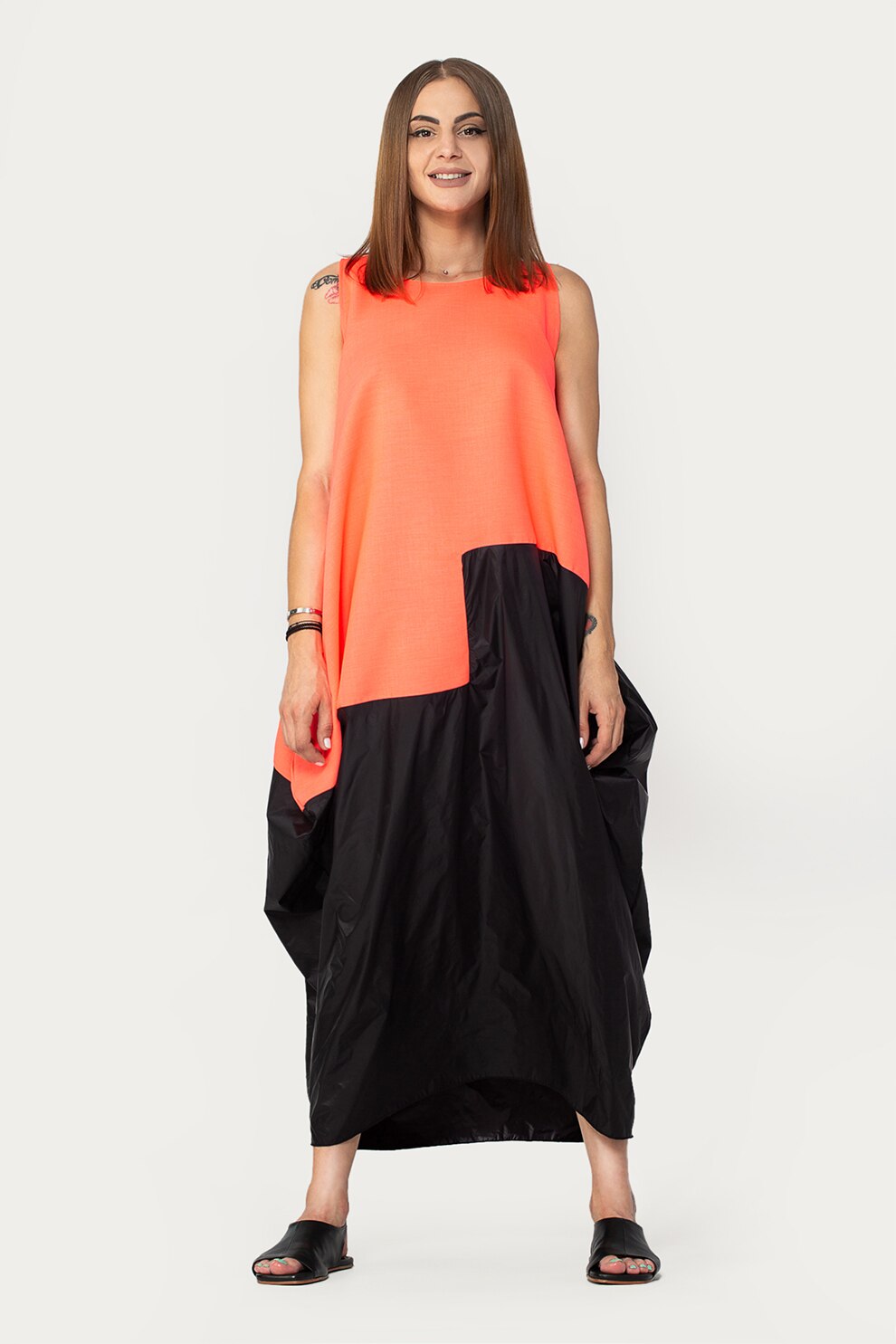 Antonia M, Rochie maxi cu model colorblock, Oranj mandarina/Negru, S