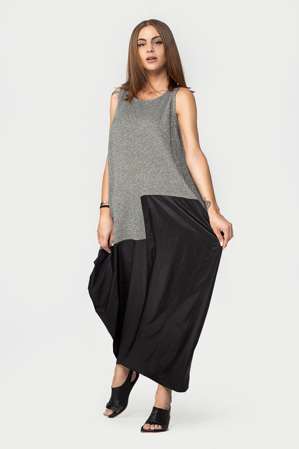 Antonia M, Rochie maxi cu model colorblock, Gri inchis melange/Negru