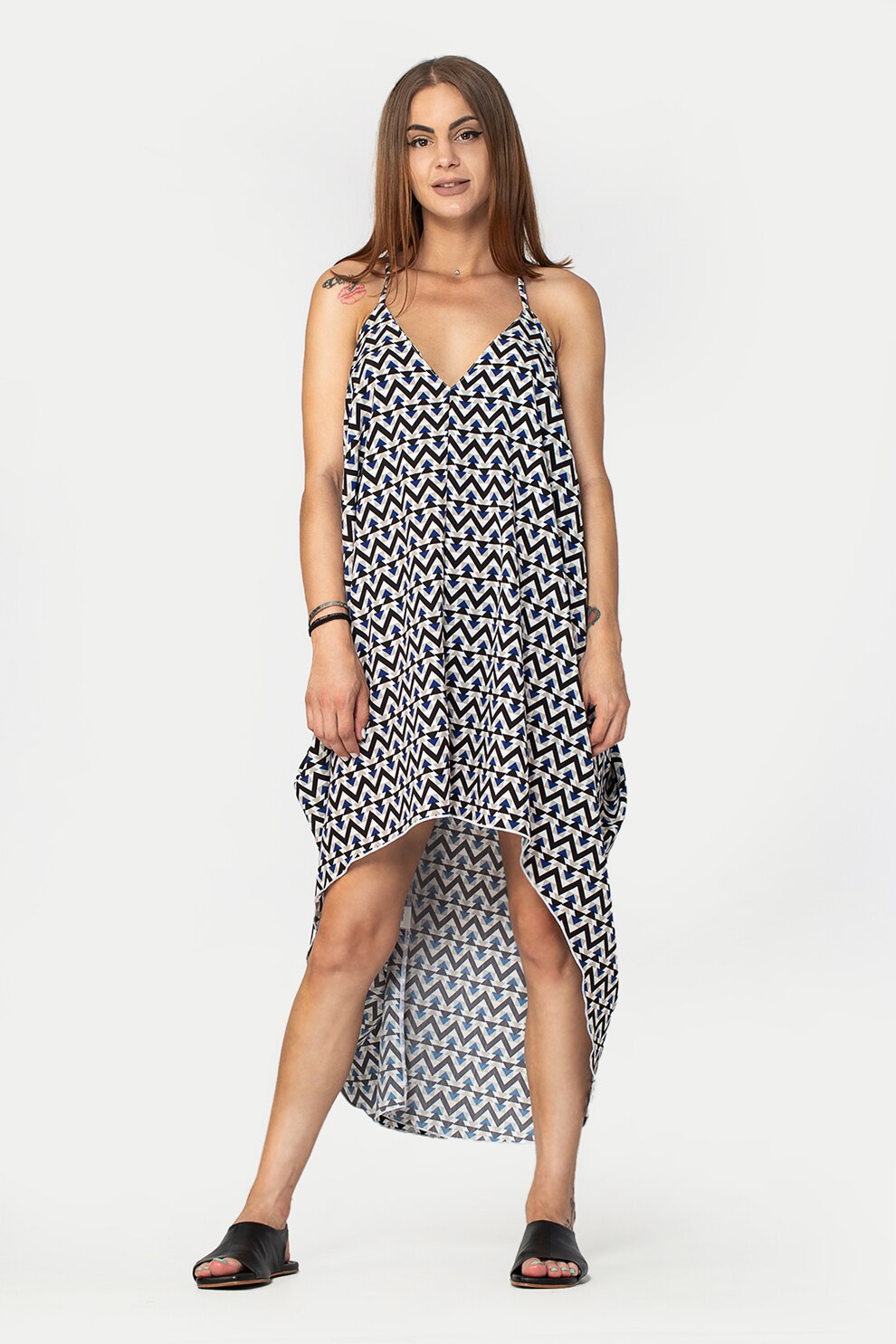 Antonia M, Rochie midi vaporoasa cu imprimeu, Negru/Alb/Bleumarin