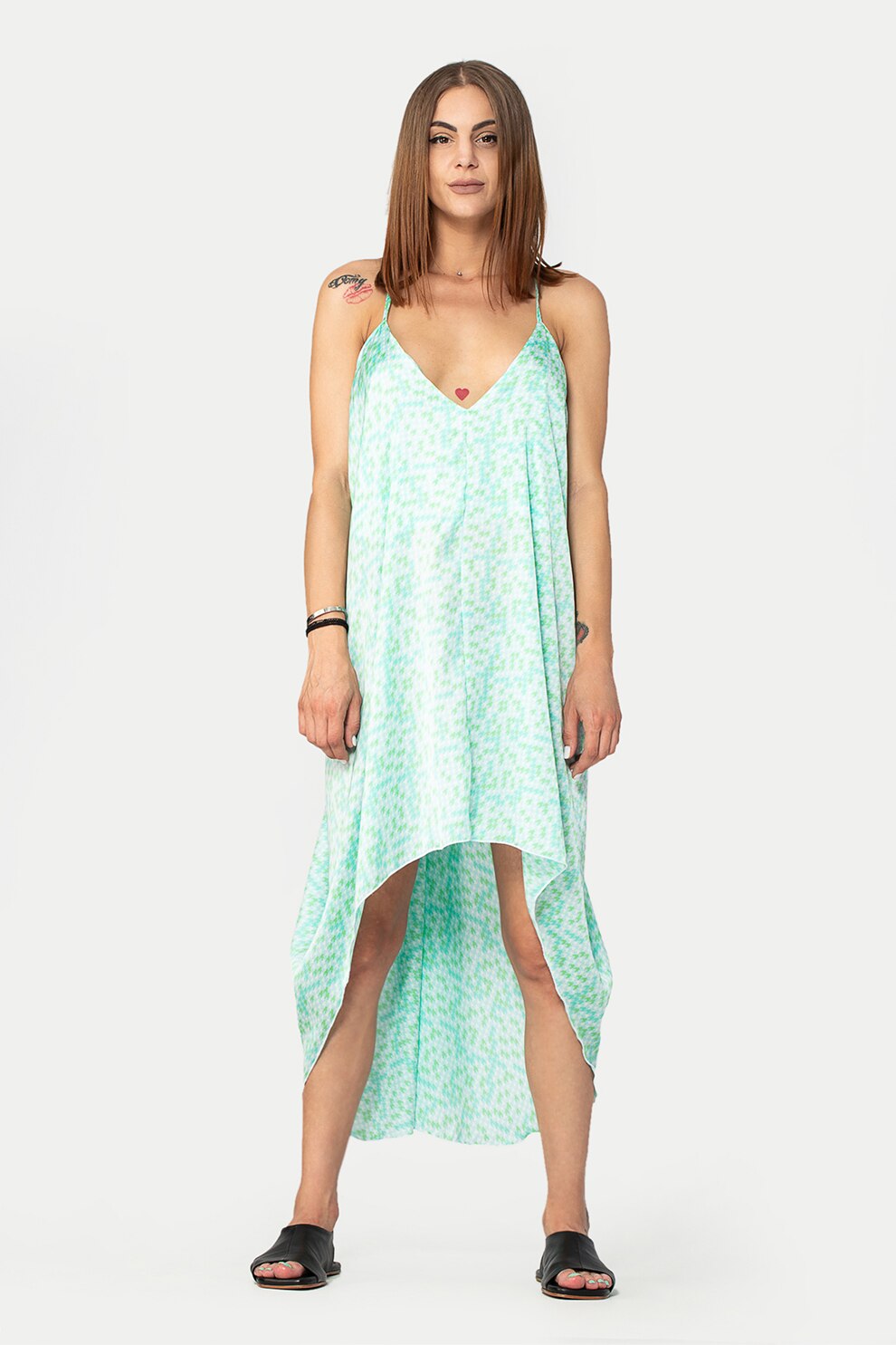 Antonia M, Rochie midi vaporoasa cu imprimeu, Verde menta/alb/albastru aquamarin