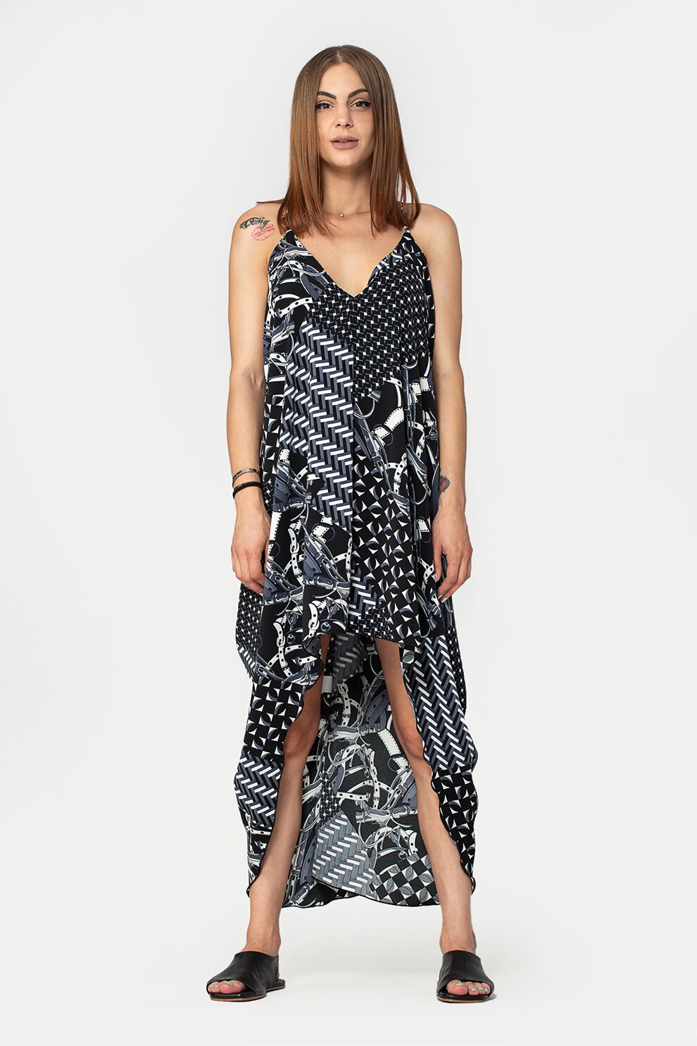 Antonia M, Rochie vaporoasa cu imprimeu grafic, Negru/Alb/Bleumarin