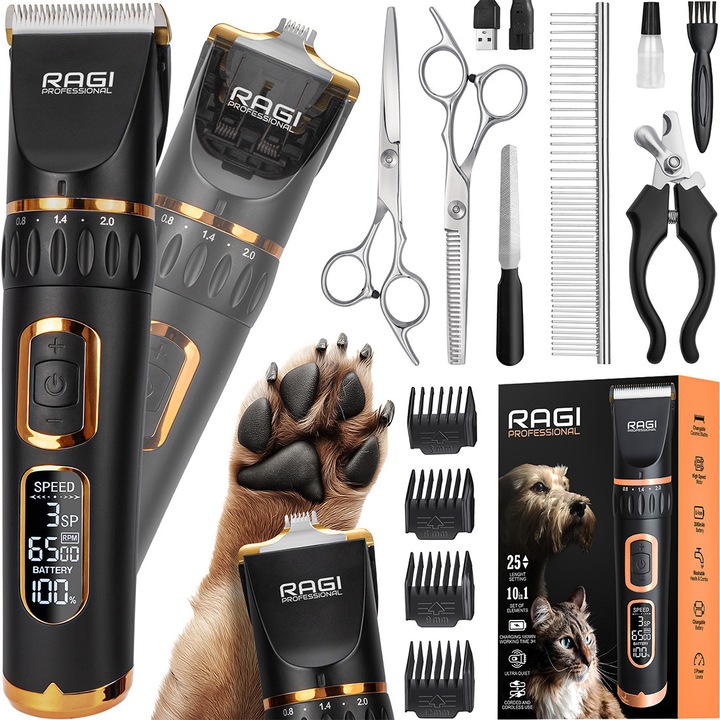 Машинка за подстригване на домашни любимци RAGI, За кучета и котки, LED дисплей, Aкумулаторна, 2000mAh, 5500–6500RPM, 3 регулируеми скорости, Безшумна работа, Безжична