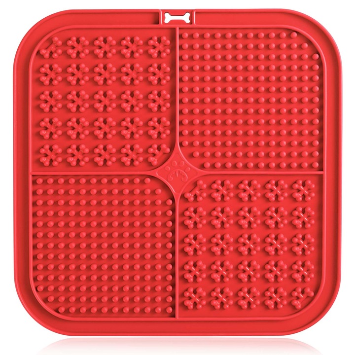 Covoras hranire lick mat Oktane® pentru caini si pisici patrat 4 zone de hranire dozare alimentatie animale de companie calmant ameliorarea anxietatii reduce plictiseala imbunatateste respiratia 20X20cm Rosu
