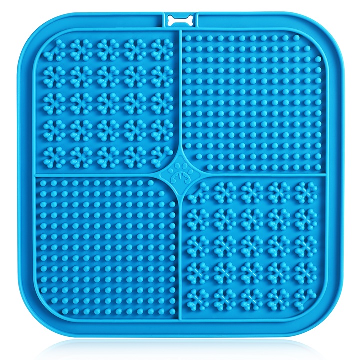 Covoras hranire lick mat Oktane® pentru caini si pisici patrat 4 zone de hranire dozare alimentatie animale de companie calmant ameliorarea anxietatii reduce plictiseala imbunatateste respiratia 20X20cm Albastru