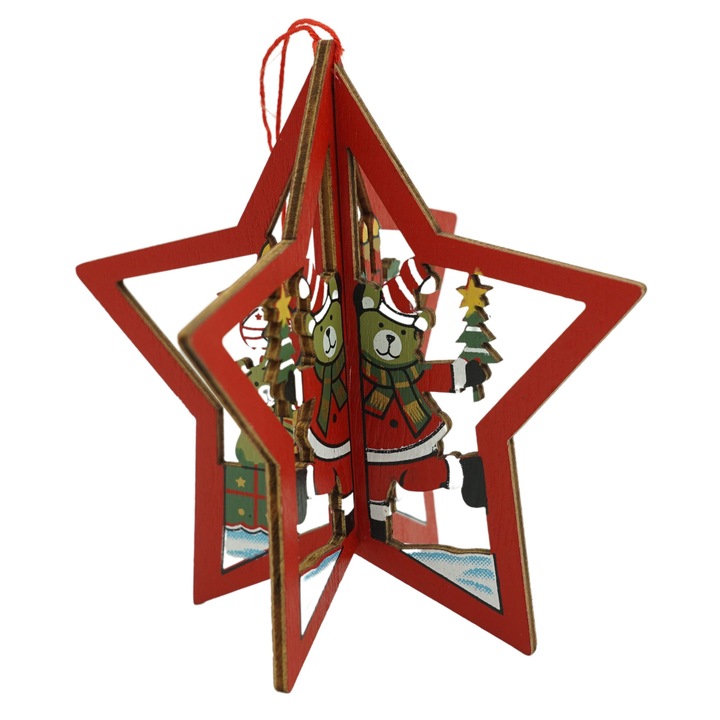 Ornament de brad stea, Flippy, multicolor, lemn, 10,5 cm