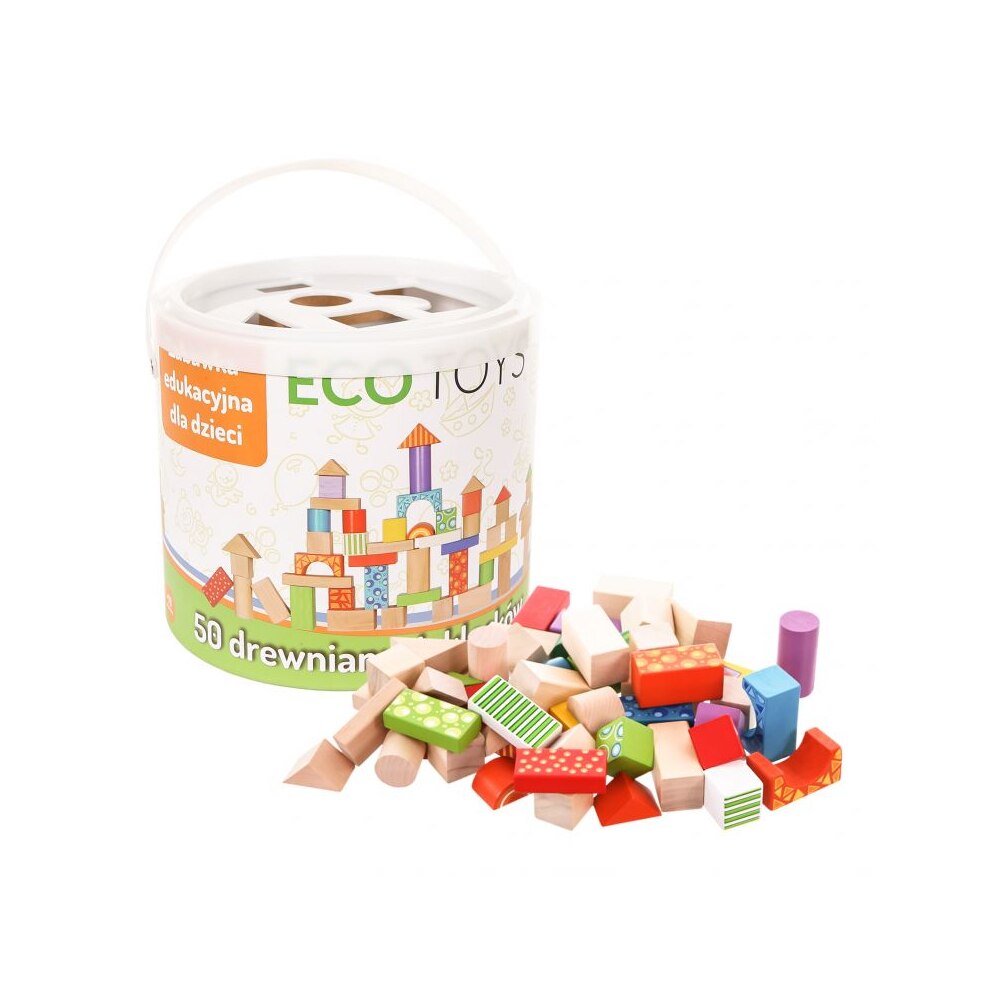 Set 50 de Blocuri din Lemn Bigshot CUB2001, Diverse Forme Geometrice si Culori