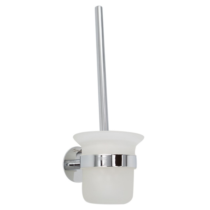 Suport perie WC Gelamor 18713 din alama, finisaj cromat cu sticla mata, autoadeziv, cu perie inclusa