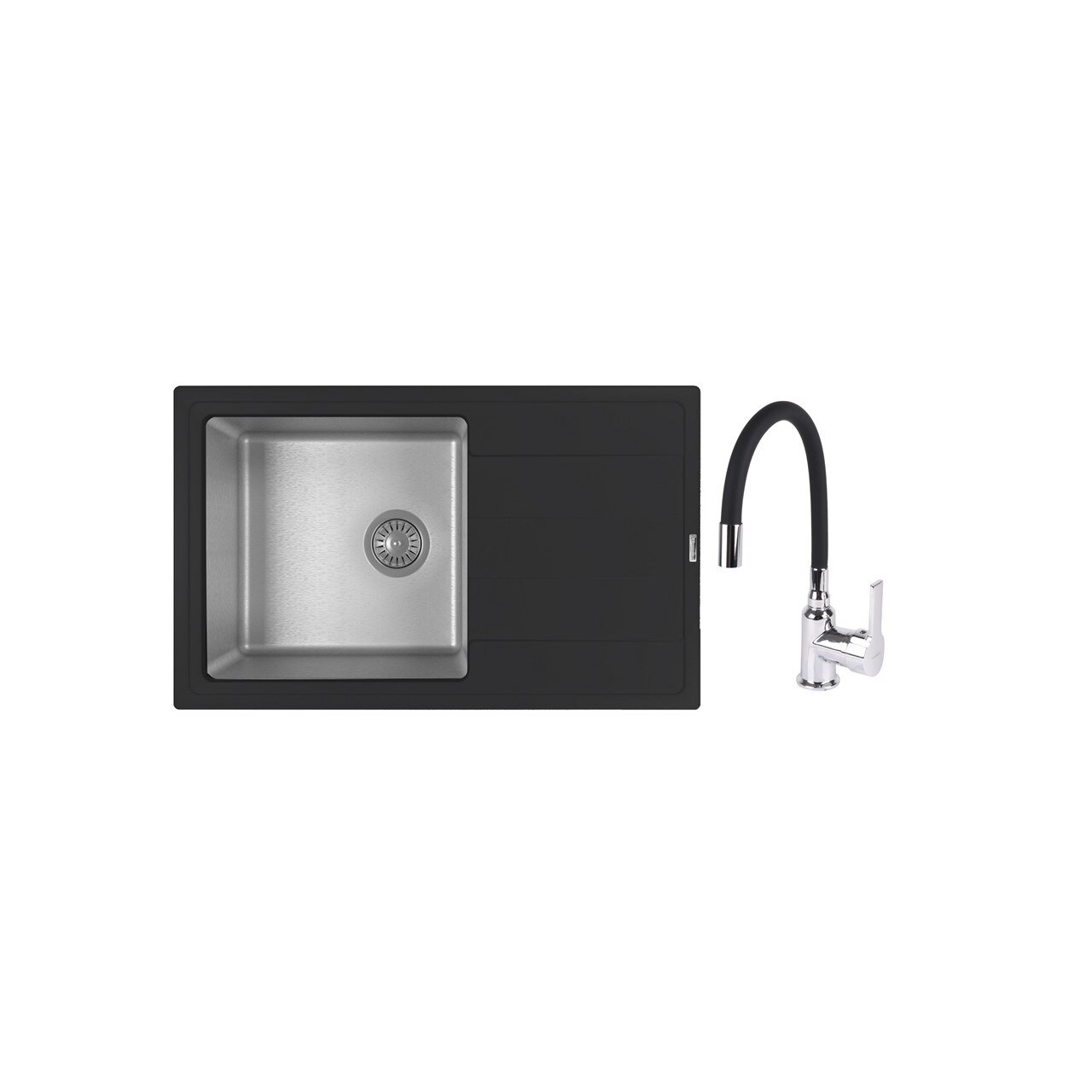 Set chiuveta quartz/inox 780x480mm, adancime cuva 230 mm si baterie SanDonna 995 cu pipa flexibila, aerator si cartus ceramic, Antracit/Negru