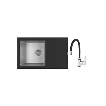Set chiuveta quartz/inox 780x480mm, adancime cuva 230 mm si baterie SanDonna 995 cu pipa flexibila, aerator si cartus ceramic, Antracit/Negru Set chiuveta quartz/inox 780x480mm, adancime cuva 230 mm si baterie SanDonna 995 cu pipa flexibila, aerator si cartus ceramic, Antracit/Negru