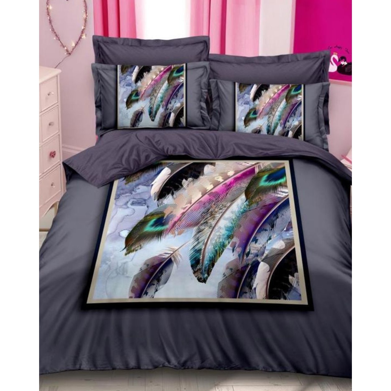 Set Lenjerie Bumbac Finet cu 2 Fete, 6 Piese, Pat 2 Persoane, Feathers