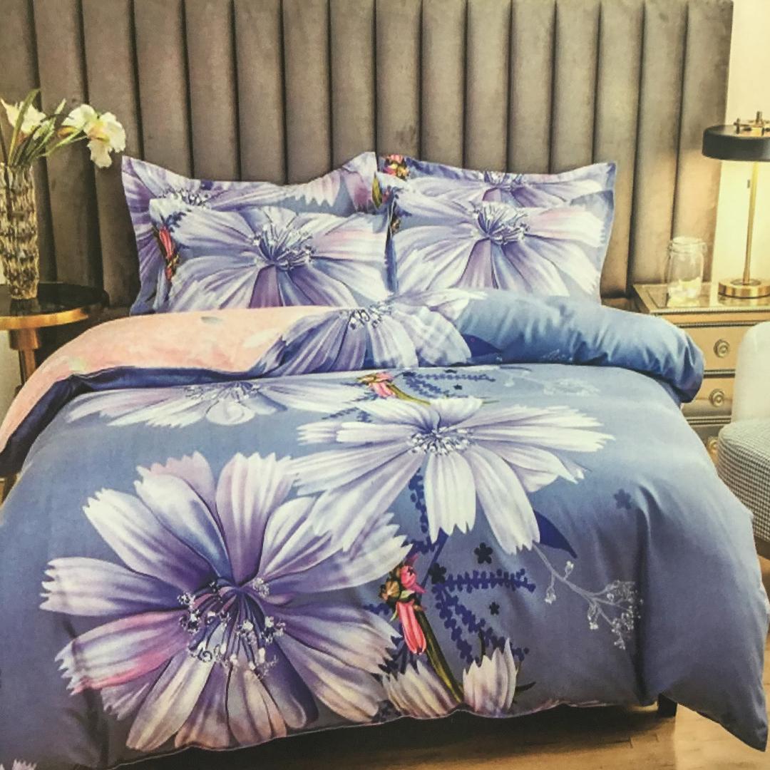 Set Lenjerie pat bumbac finet, pat 2 persoane,6 piese, BLUE FLORAL