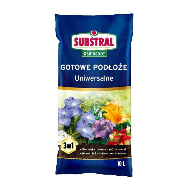 Substrat universal de calitate premium pentru plante, Substral Osmocote, 10L, bogat in humus, stimuleaza inflorirea si colorarea, eliberare treptata a nutrientilor timp de 6 luni, pH 5.4-6.0, amestec de turba