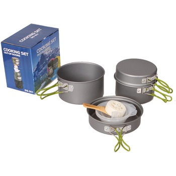 Set oale pentru camping din aluminiu, 4 bucati, culoare gri-verde Set oale pentru camping din aluminiu, 4 bucati, culoare gri-verde