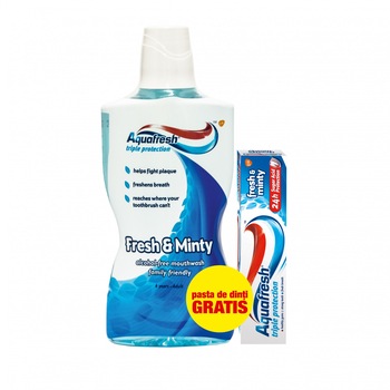 Pachet promo Aquafresh: Apa de gura Fresh & Minty, 500ml fara alcool + Pasta de dinti Aquafresh Fresh N Minty, 50ml Pachet promo Aquafresh: Apa de gura Fresh & Minty, 500ml fara alcool + Pasta de dinti Aquafresh Fresh N Minty, 50ml