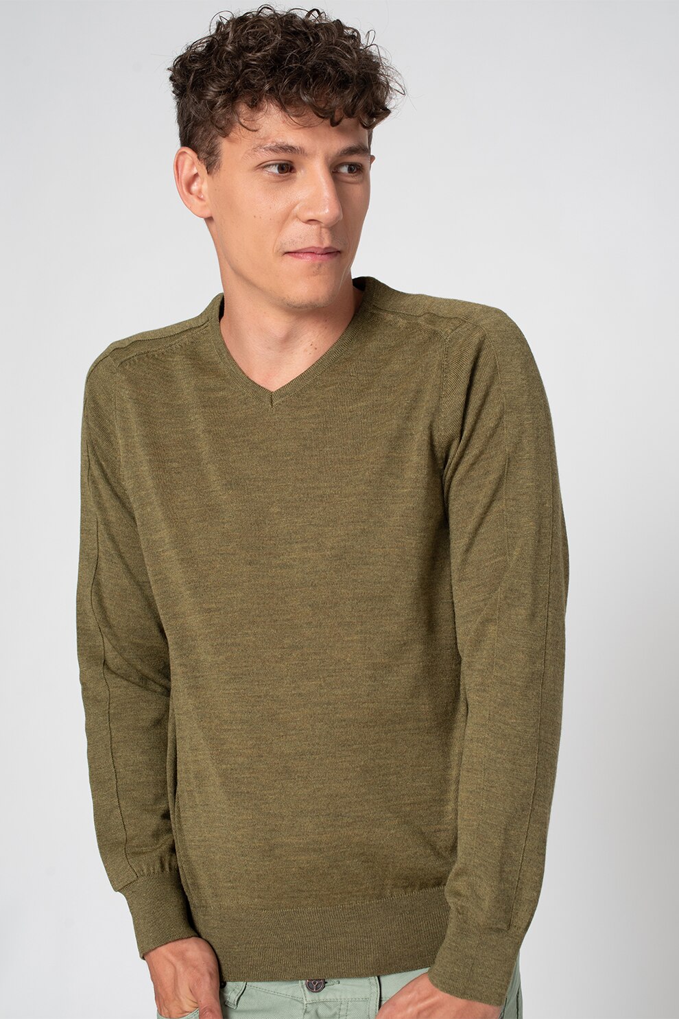 State of Art, Pulover din amestec de lana cu decolteu in V, Verde militar