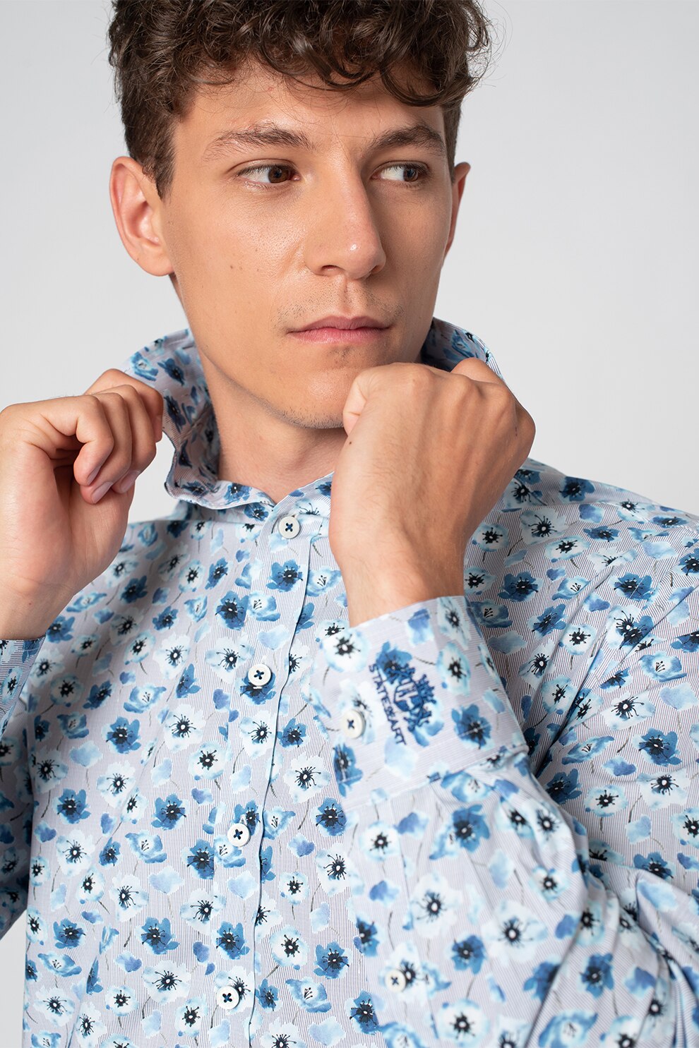 State of Art, Camasa Oxford cu model floral, Albastru/Verde/Alb