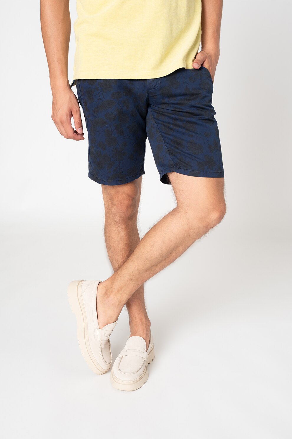 State of Art, Pantaloni scurti din amestec de in cu imprimeu floral, Bleumarin/Verde