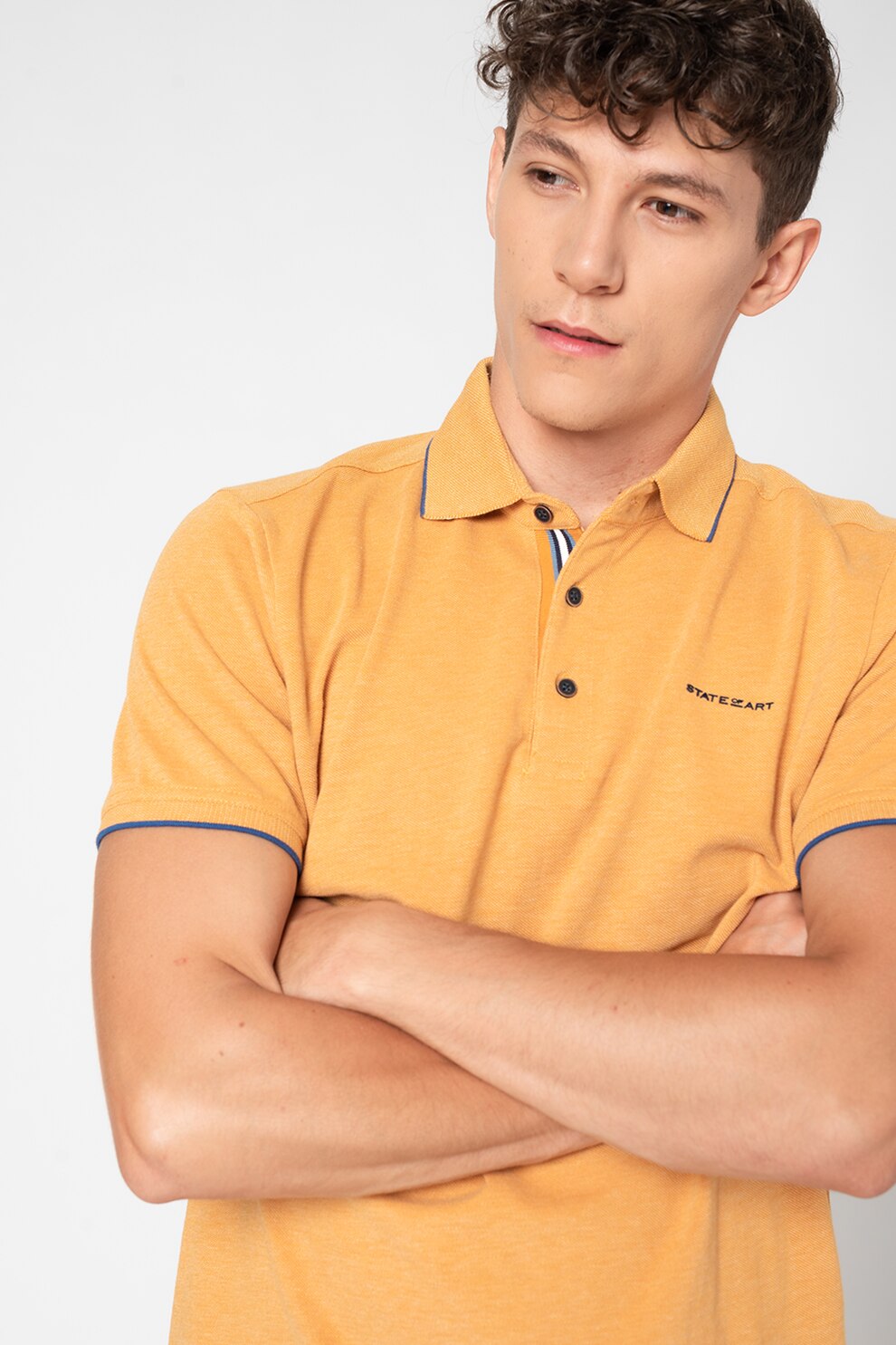 State of Art, Tricou polo regular fit din material pique cu terminatii contrastante, Ocru/Bleumarin