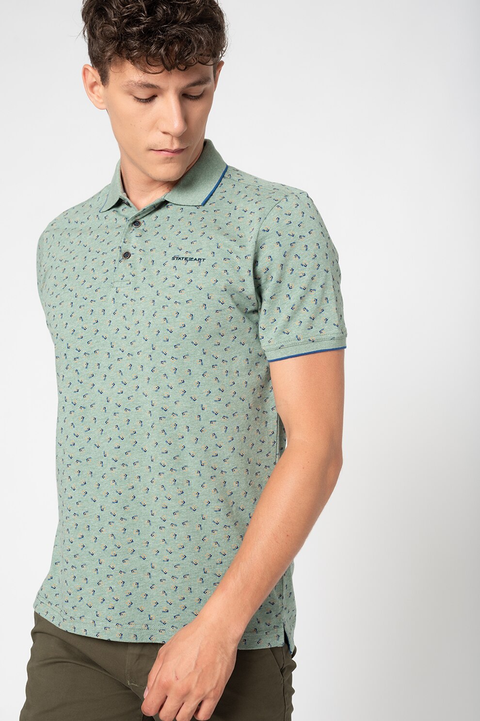 State of Art, Tricou polo din material pique cu imprimeu geometric discret, Verde sparanghel/Bleumarin/Galben