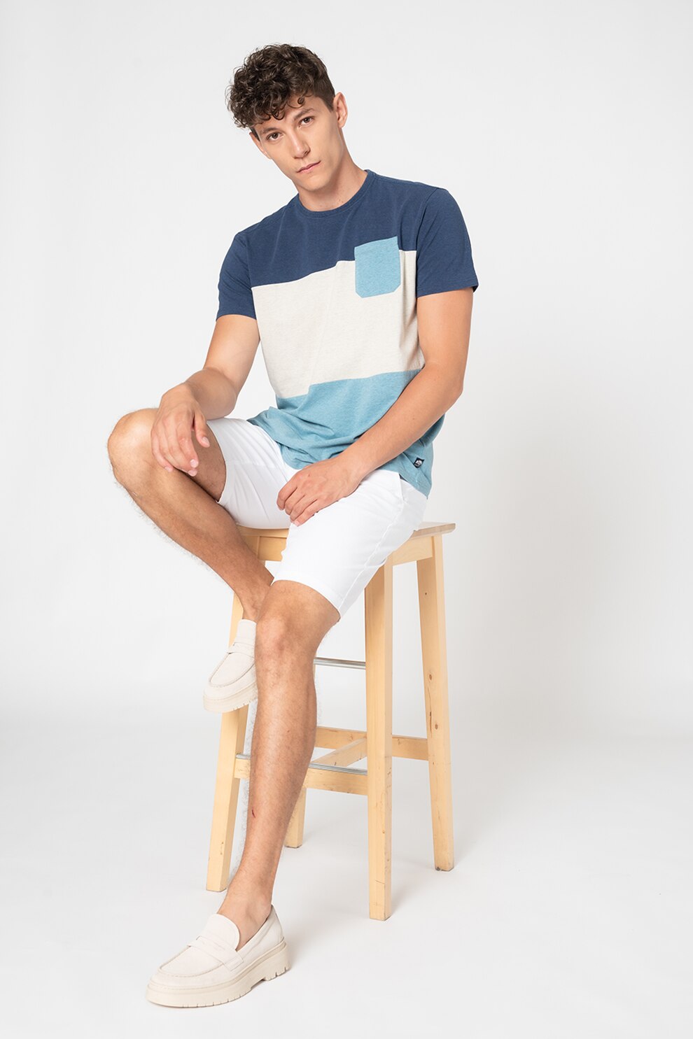 State of Art, Tricou cu model colorblock si buzunar pe piept, Albastru/Gri deschis melange