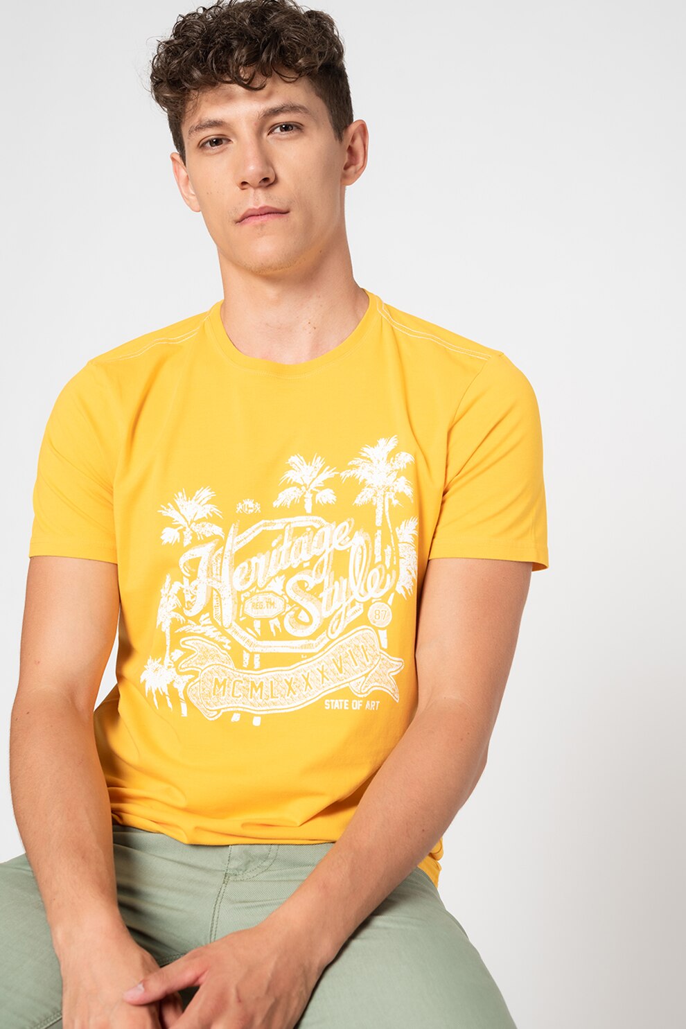 State of Art, Tricou cu decolteu la baza gatului si imprimeu, Galben sofran/Alb