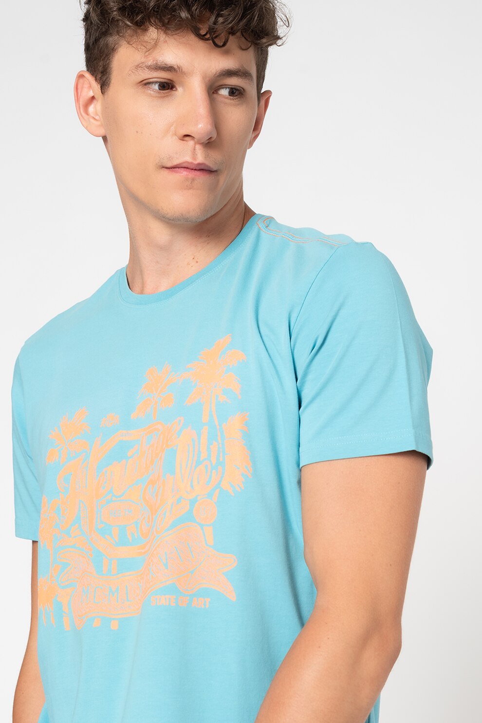 State of Art, Tricou cu decolteu la baza gatului si imprimeu, Albastru aqua/Oranj mandarina