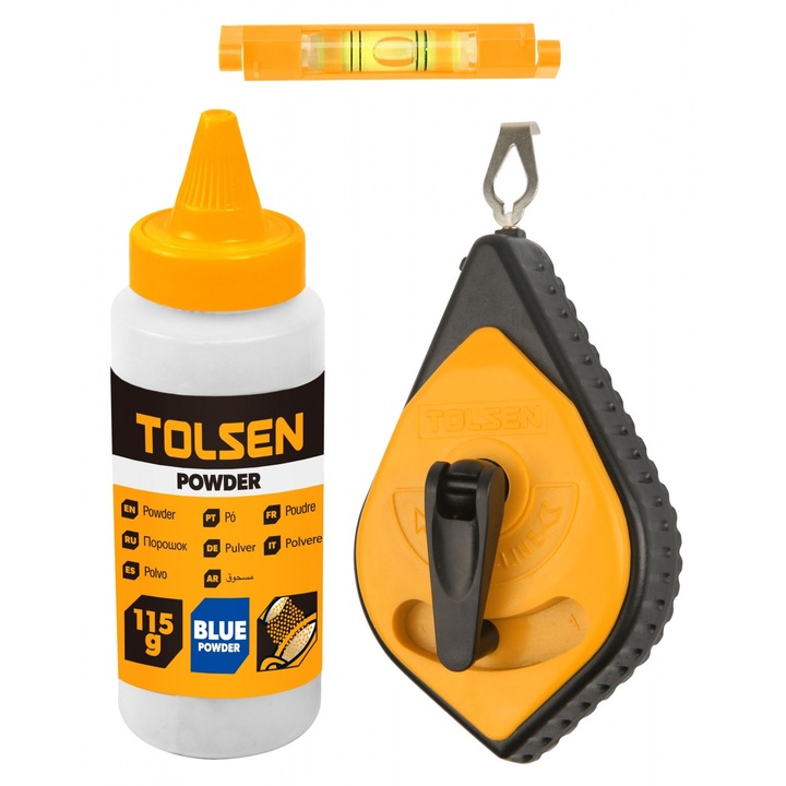 Set sfoara trasat TOLSEN cu bula si pulbere, 30m, viteza de derulare 3x, cu linie albastra si creta 115g, ideal pentru marcaje precise, include nivela cu bula si tambur cu s - Instrument Profesional TOLSEN de Inalta Calitate Pentru Constructii si Bricolaj