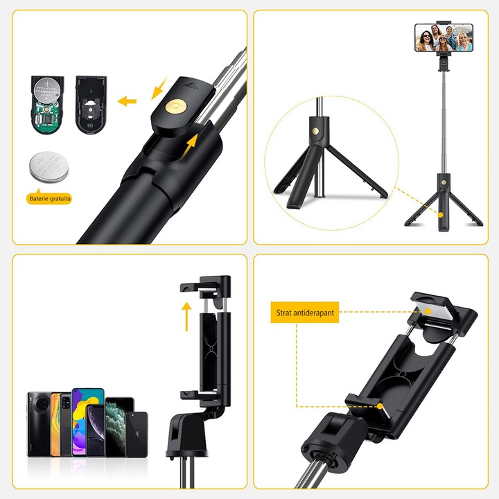 Selfie Stick 3 in 1, Vaxiuja®, Bluetooth, telecomanda detasabila, Telescopic, 70 cm, Trepied, Suport pentru telefon, Negru