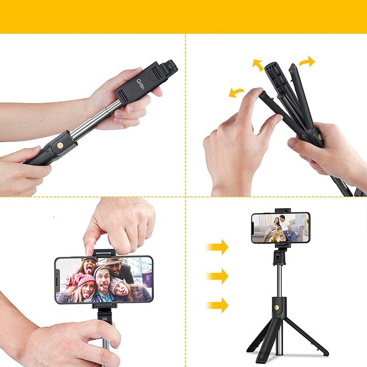 Vaxiuja Selfie Stick, 3 az 1-ben, Bluetooth, levehető távirányító, Teleszkópos, 70 cm, Állvány, Telefontartó, Fekete