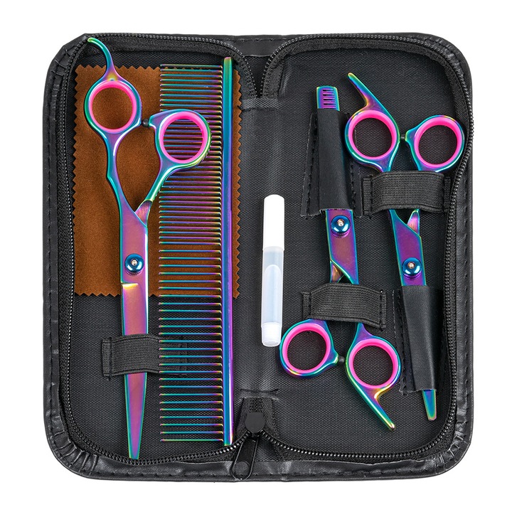 set profesional 3 foarfece de tuns si filat din otel culoare curcubeu piepten cu gentuta pentru depozitare imagen 34_0_
6