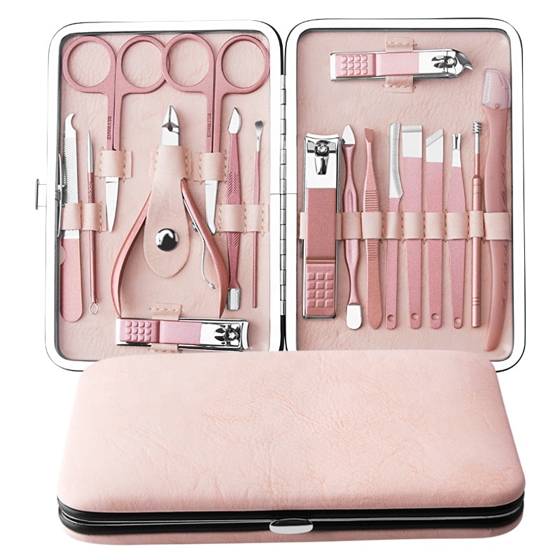 Trusa de Manichiura si Pedichiura din Otel Inoxidabil 18 piese rose gold