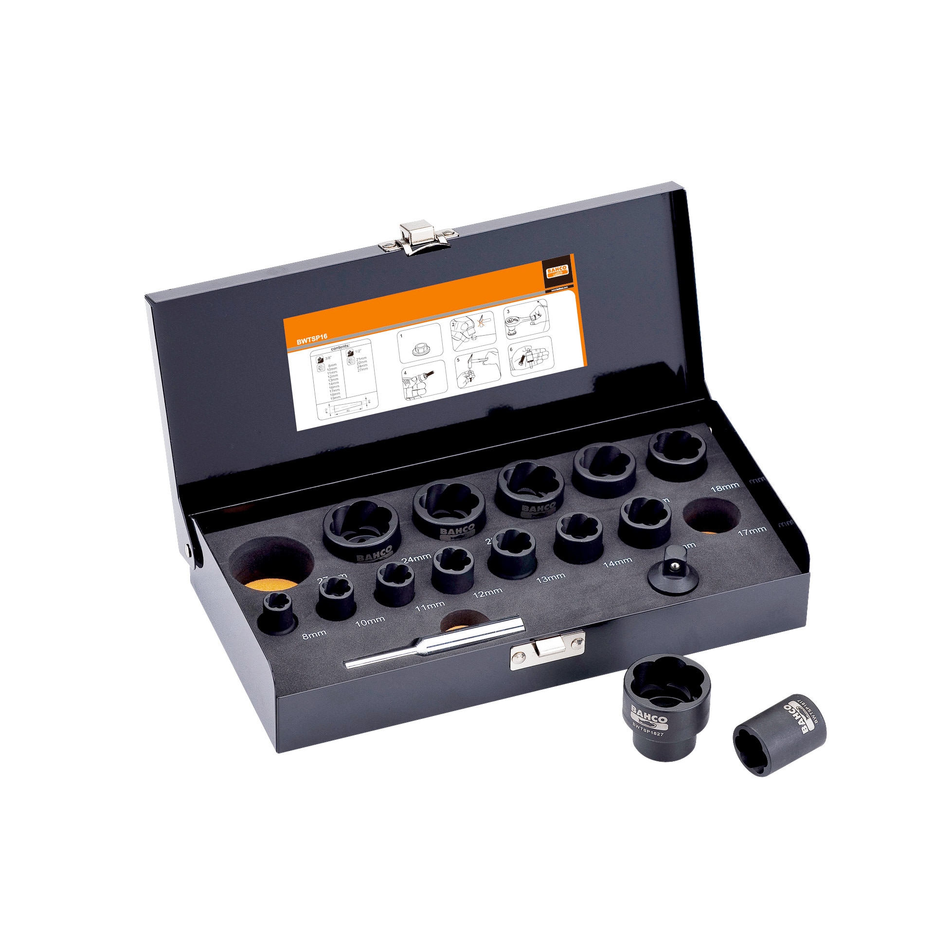 Set extractie suruburi si piulite rotunjite sau uzate, dimensiuni M8-M19mm, 16 piese Bahco