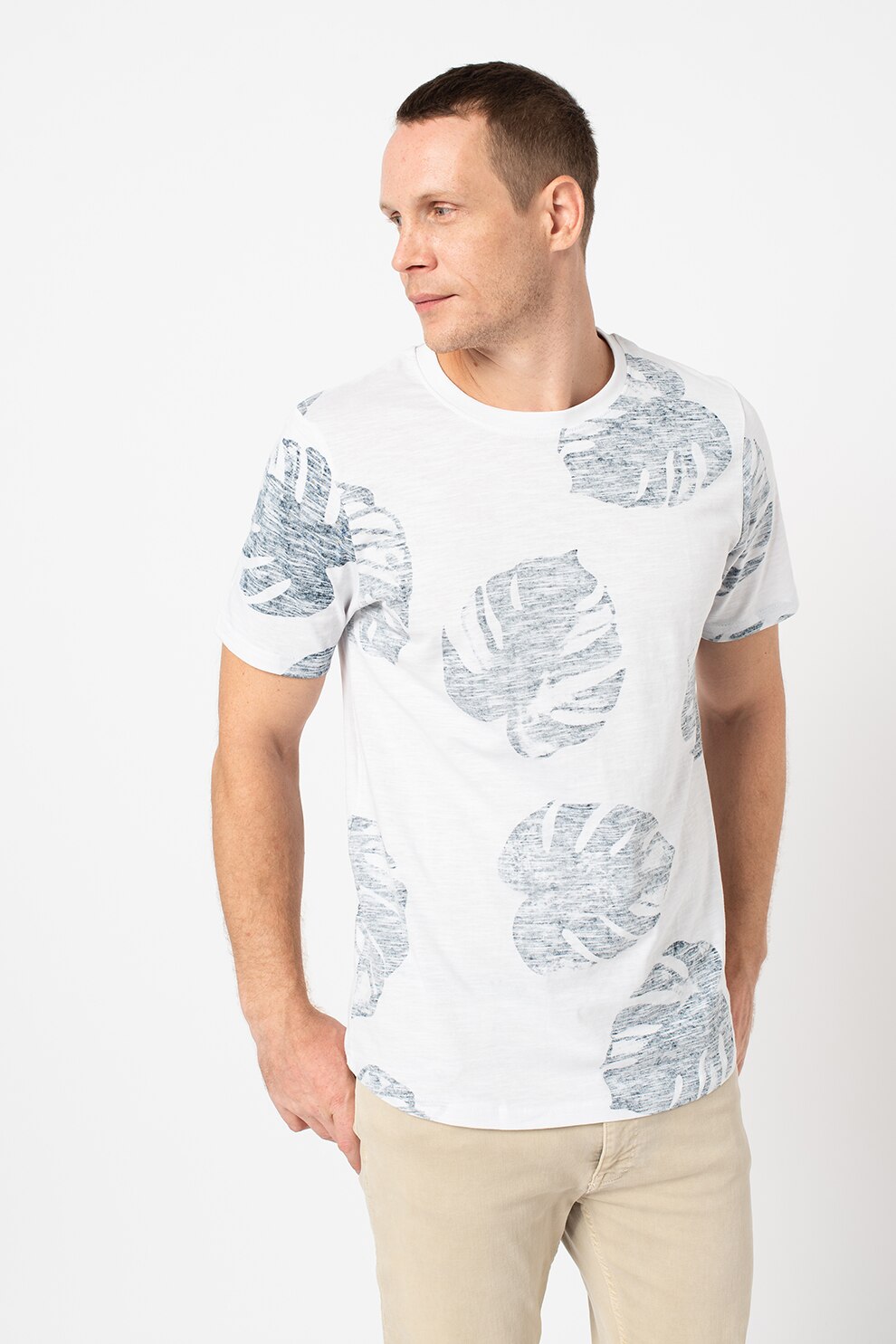 Haily's, Tricou de bumbac cu imprimeu tropical, Alb prafuit/Gri inchis