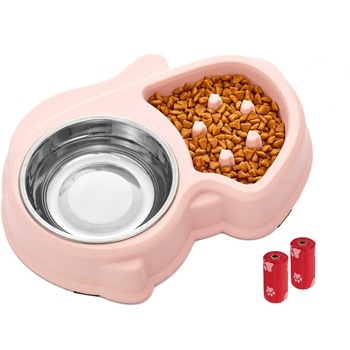 Set Castron 2 in 1, Hranire Lenta si Bol pentru Apa, FizioTab® si 2 Pungi Igienice, pentru Caini de Talie Mica si Medie, Roz Set Castron 2 in 1, Hranire Lenta si Bol pentru Apa, FizioTab® si 2 Pungi Igienice, pentru Caini de Talie Mica si Medie, Roz