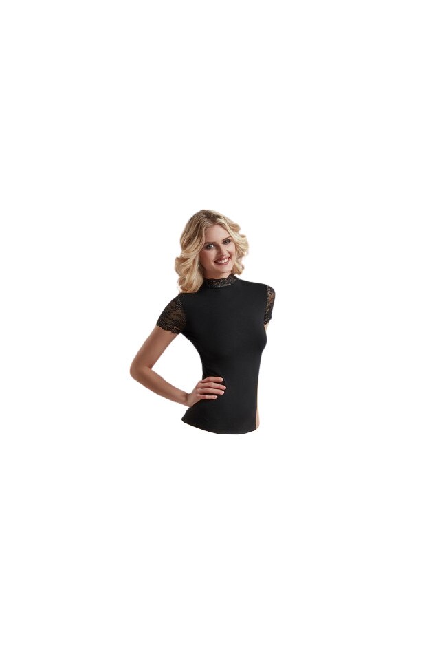 Top din bumbac cu maneci scurte din dantela, Negru