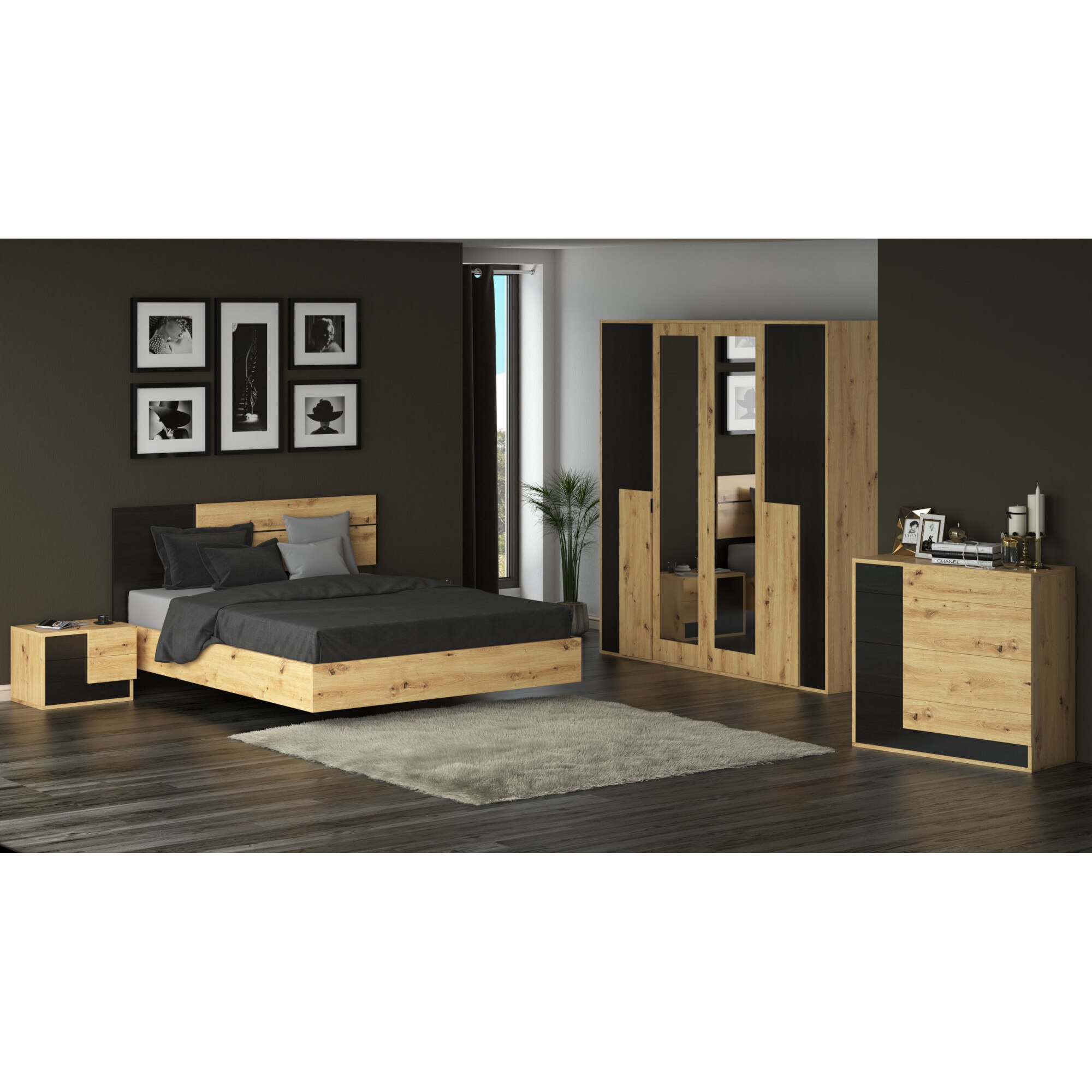 Set Mobila Dormitor Bali, culoare Sonoma / Negru