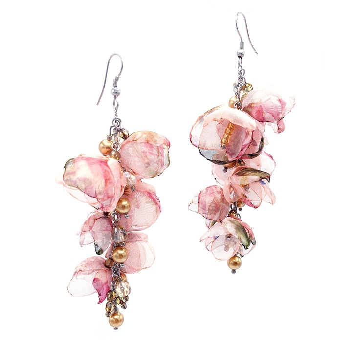 Hosszú megjelenésű fülbevaló, Zia Fashion, Delight, fátyolvirágok, mallorcai gyöngyök és rozsdamentes acél