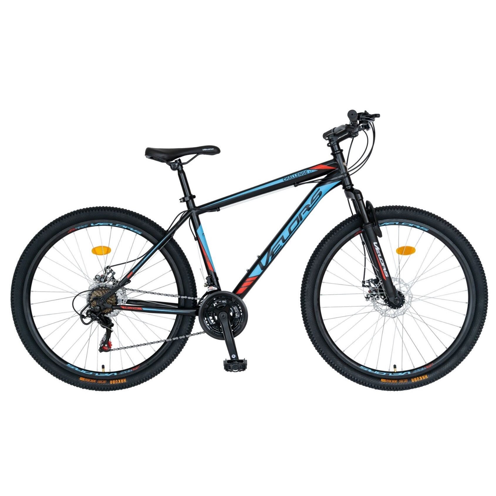 Bicicleta Mountain Bike, Velors Challenge, Shimano Tourney 21 viteze, Roti 26 Inch, Frane Disc, CSV26/10A, Cadru Negru cu Design Albastru/Rosu