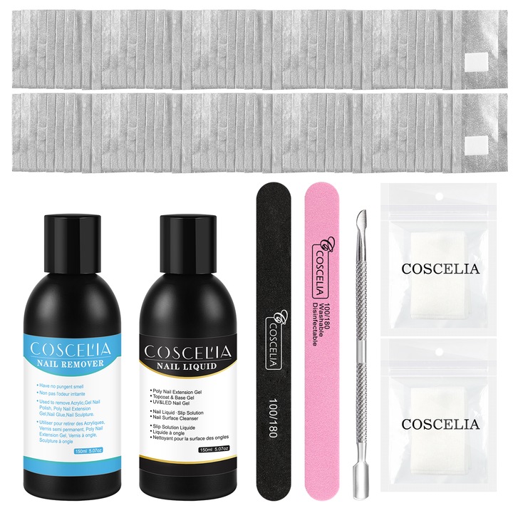 Set ingrijire unghii cu solutie indepartare oja Coscelia, 150ml, Multicolor