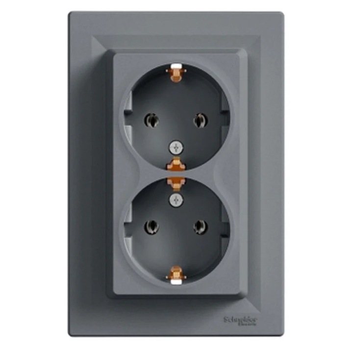 Priza dubla, Schuko, Plastic, Gri
