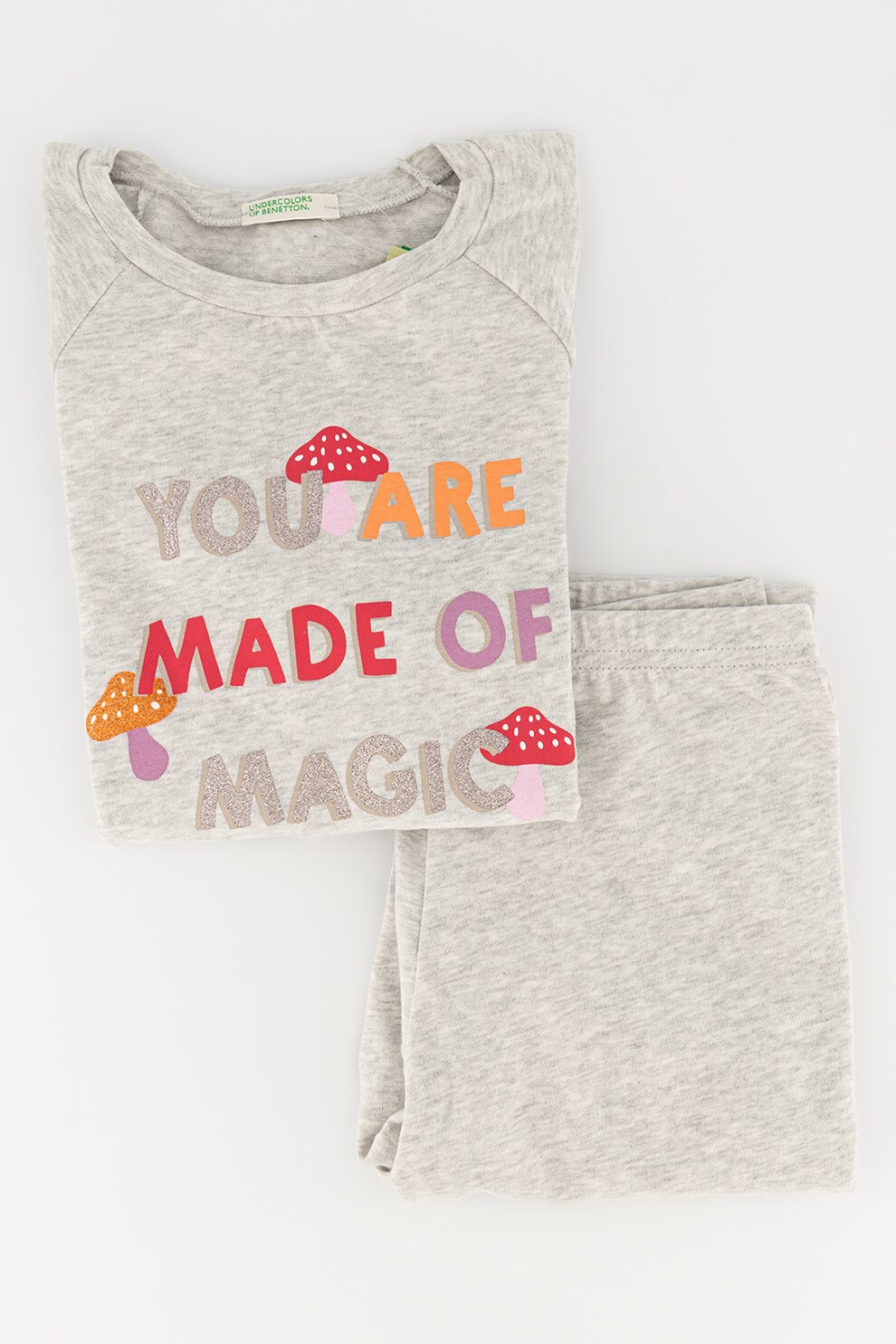 United Colors of Benetton Underwear, Pijama din amestec de bumbac cu maneci lungi, Gri melange/Roz/Oranj