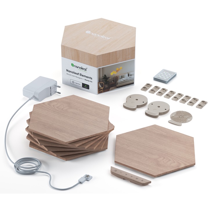 Комплект 7 интелигентни модулни светлинни панела Nanoleaf Hexagons Starter Kit, Wi-Fi,LED, 2W/панел, 22 лумена/панел, Регулируема бяла светлина, Съвместими с Apple HomeKit, Amazon Alexa, Google Assistant