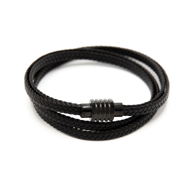 Bratara tripla din piele neagra cu prindere magnetica, Ravata