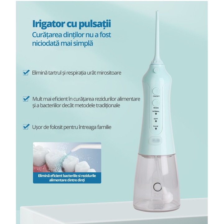 Irigator Bucal EvoSmart™ OR, Profesional Pentru Dus Bucal si Oral, Fara Fir, Portabil, Cu Baterie 1400mAh, 3 Trepte De Presiune, 300ml Rezervor, Capete Intradentare Incluse, Turcuaz