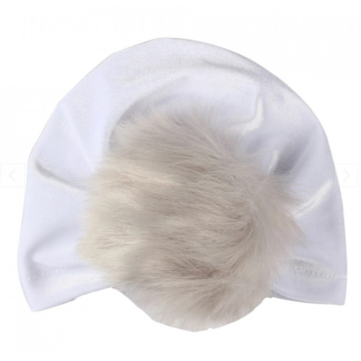 Turban bebelusi din catifea cu pampon, drool, alb, 0-2 ani