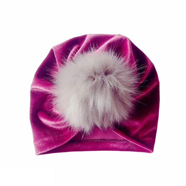 Turban bebelusi din catifea cu pampon, drool, roz aprins, 0-2 ani
