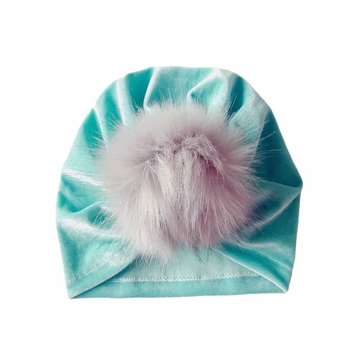 Turban bebelusi din catifea cu pampon, drool, turcoaz, 0-2 ani