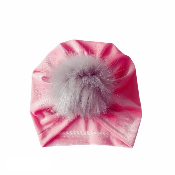 Turban bebelusi din catifea cu pampon, drool, roz, 0-2 ani